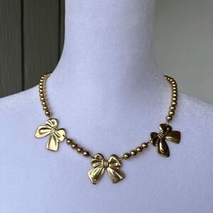 VTG Brass Bow Beaded Necklace 18” All Metal Feminine Statement